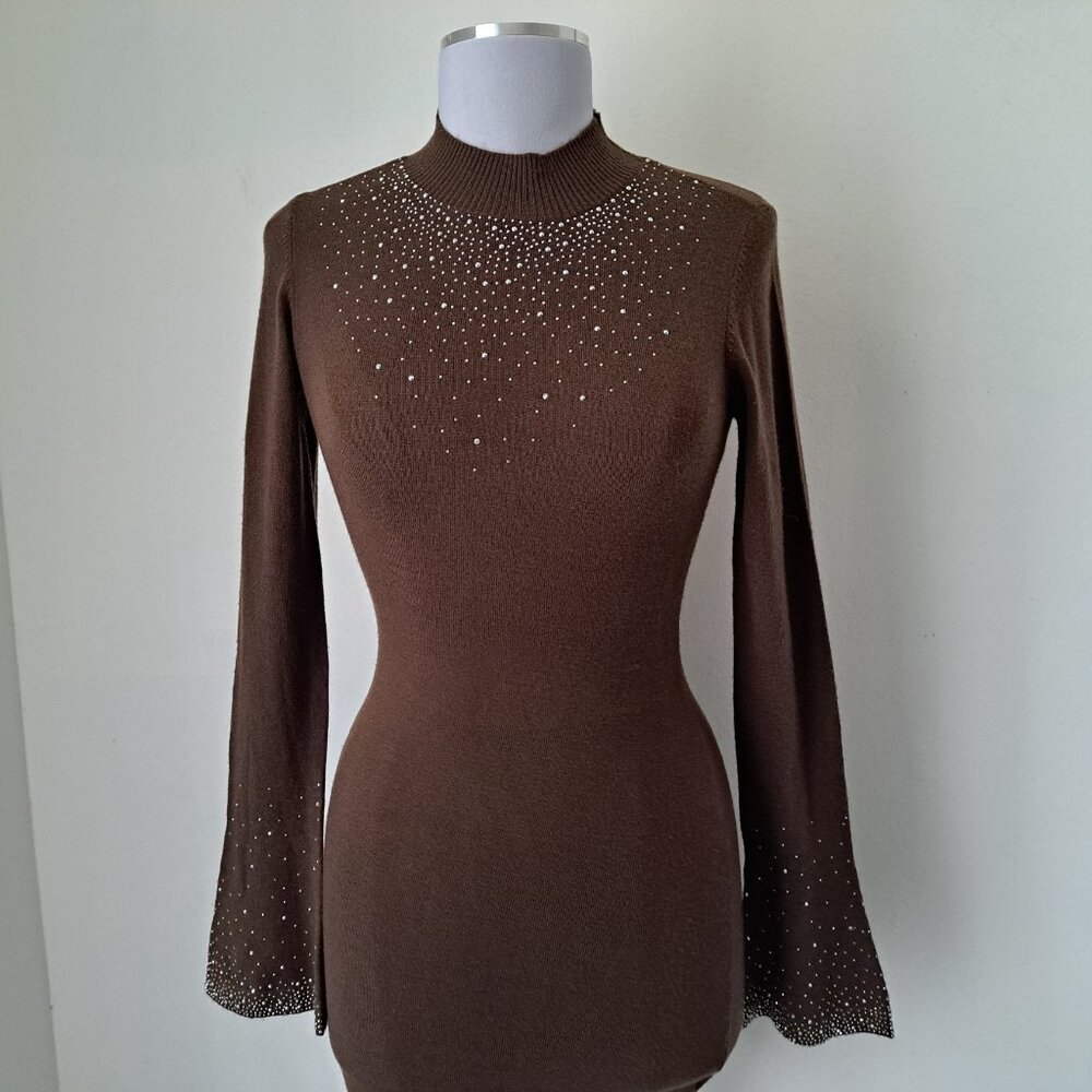 bebe Juniors Holiday Knit Sequins Dress Long Sleeve Green/Olive Size Small
